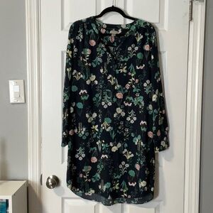 Loft Dark Navy Spring Dress with Plant Patterns
